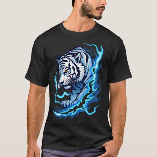 "Wit T-shirt met tijger en blauwe vlammen" (Voorkant)