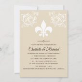 Wit & Taupe Frans Fleur De Lis Scrolls Bruiloft Kaart (Voorkant)