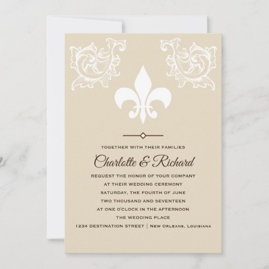 Wit & Taupe Frans Fleur De Lis Scrolls Bruiloft Kaart (Voorkant)