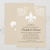Wit & Taupe Frans Fleur De Lis Scrolls Bruiloft Kaart (Voorkant / Achterkant)