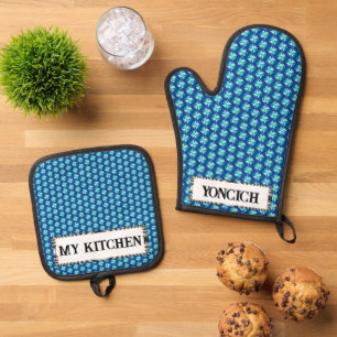 Wit-Teal Klaverlint door Kenneth Yoncich Ovenwant & Pannenlap Set