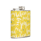 Wit tekstontwerp over gele achtergrond heupfles (Rechts)