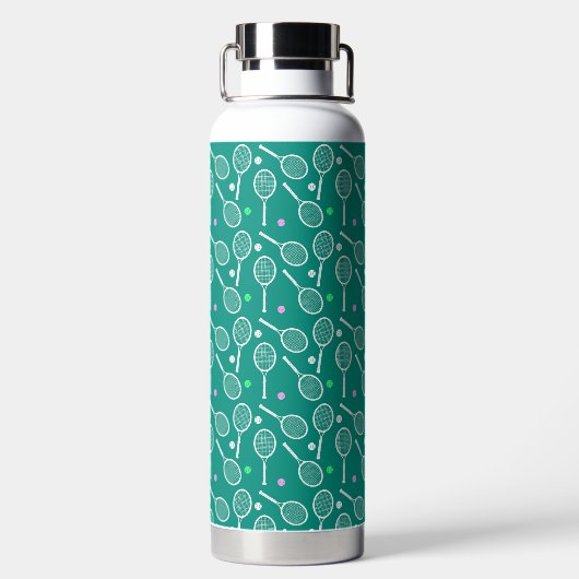 Wit tennisracket en een balpatroon groen waterfles (Achterkant)