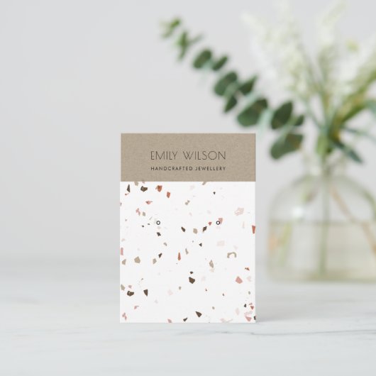 WIT TERRAZZO TEXTURE KRAFT EARRING DISPLAY LOGO VISITEKAARTJE (Staand voorkant)