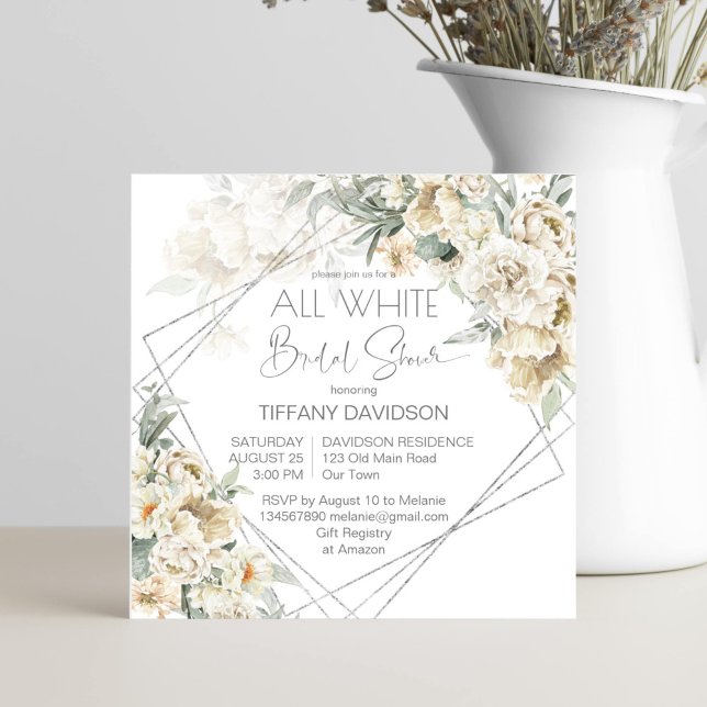 Wit thema vrijgezellenfeest zilver lijst floraal (White themed bridal shower floral invitation template silver geometrical frame white flowers)