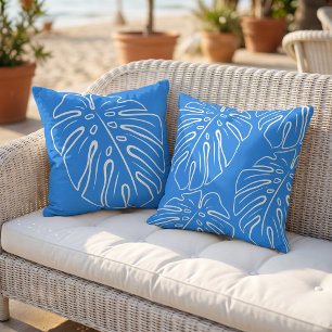 Wit Tropisch Blad Motief Mediterraan Azuurblauw Buitenkussen