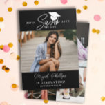 Wit Typografie Foto Afstuderen Save the Date<br><div class="desc">Dubbelzijdig zwart afstuderen bewaar de datumkaart met een typografisch ontwerp en een foto van de afstuderen. Voeg nog drie foto's toe aan de achterkant in een schone collage. Afstuderen Bewaar de datum sjabloon kaart gepersonaliseerd met foto's in zwart met witte tekst. Vraag je vrienden en familieleden om de datum voor...</div>