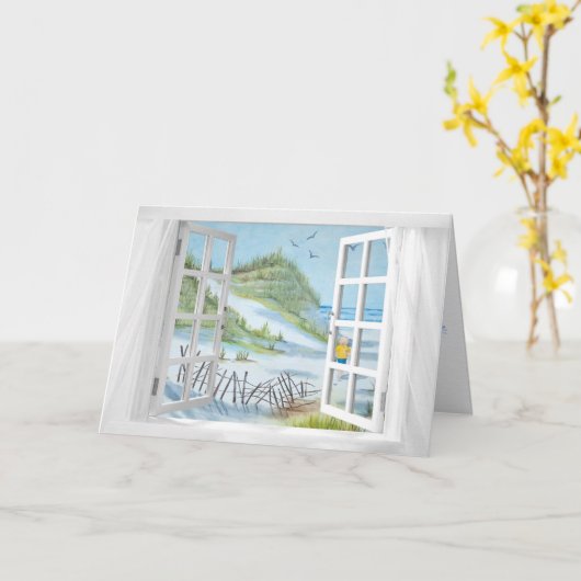 wit venster met oceaankust verjaardag kaart (Gele Bloem)