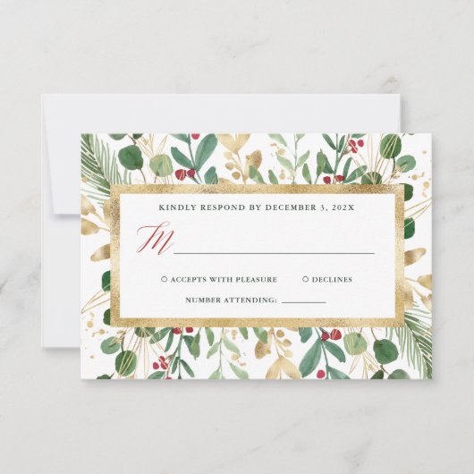 Wit verguld groen | Kerstbruiloft RSVP Kaartje (Voorkant)