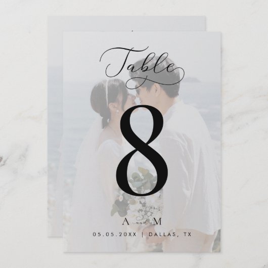 Wit vervaagde fotomonogram trouwtafelnummer 5x7 kaart (Voorkant / Achterkant)