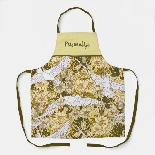 Wit Vintage Duiven Vliegend Patroon Schort (Voorkant)