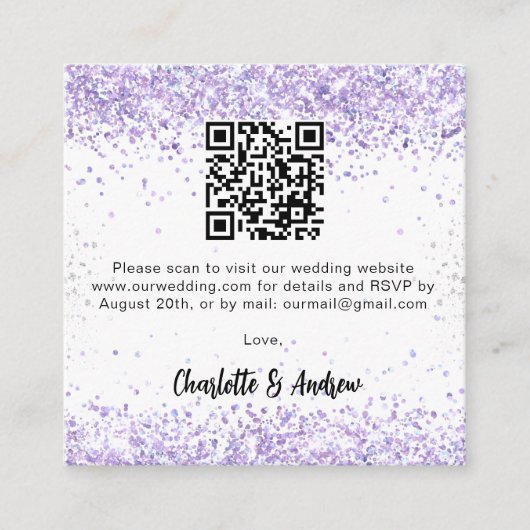 Wit violet QR code bruiloft RSVP Informatiekaartje (Voorkant)