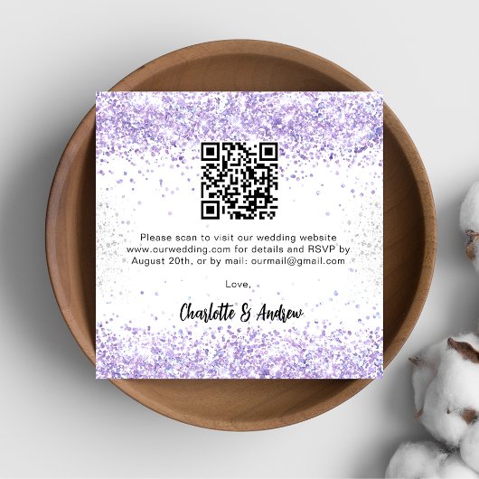 Wit violet QR code bruiloft RSVP Informatiekaartje