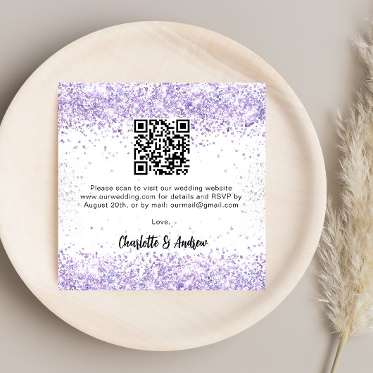 Wit violet QR code bruiloft RSVP Informatiekaartje