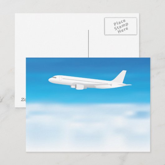 Wit vliegtuig op blauwe wolkenachtergrond briefkaart (Voorkant / Achterkant)