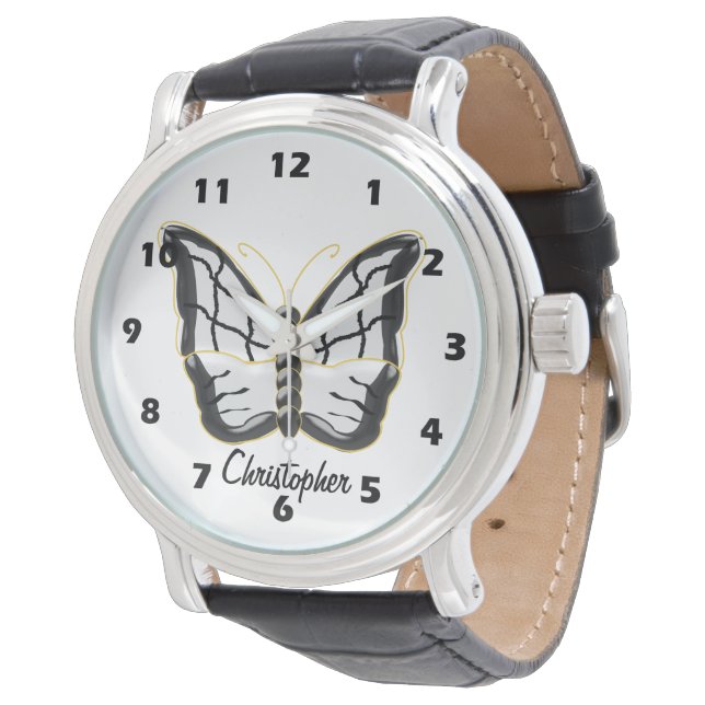 Wit vlinderontwerp gepersonaliseerd horloge (Gekanteld)