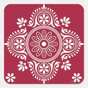 Wit volksmotief op rode achtergrond vierkante sticker