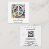 *~* Wit Vredesteken Bloemen Grunge Boho AP57 QR Vierkante Visitekaartje (Voorkant / Achterkant)
