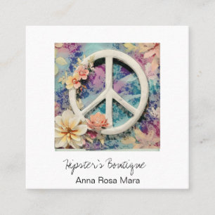 *~* Wit Vredesteken Bloemen Grunge Boho AP57 QR Vierkante Visitekaartje