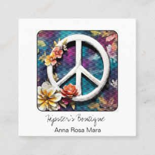 *~* Wit Vredesteken Bloemen Grunge Boho QR AP57 Vierkante Visitekaartje