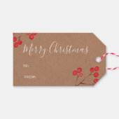 Wit "Vrolijk kerstfeest" Kraftpapier en bessen Cadeaulabel (Voorkant (Horizontaal))