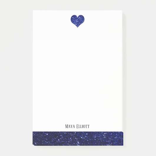 Wit w / Blauw Faux Glitter Hart & Rand + Naam Post-it® Notes (Voorkant)