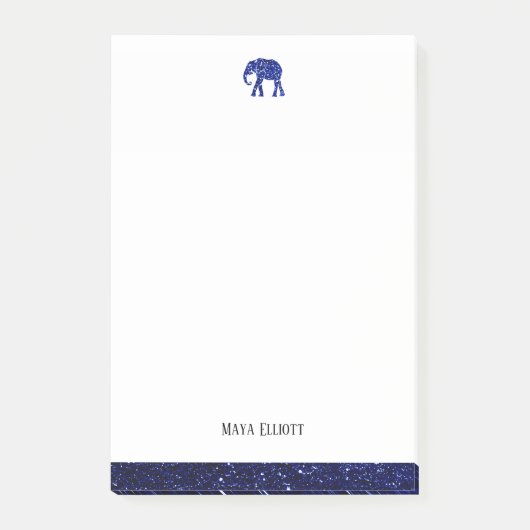 Wit w / Blauw Faux Glitter Olifant & Border, Naam Post-it® Notes (Voorkant)