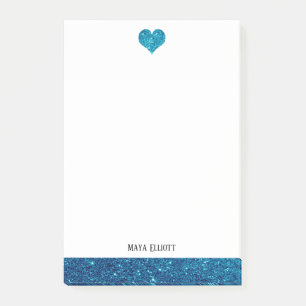 Wit w / Blauwgroen Faux Glitter Hart & Rand + Naam Post-it® Notes