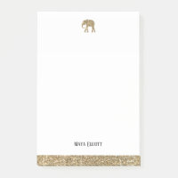 Wit w / gouden faux glitter olifant & rand, naam