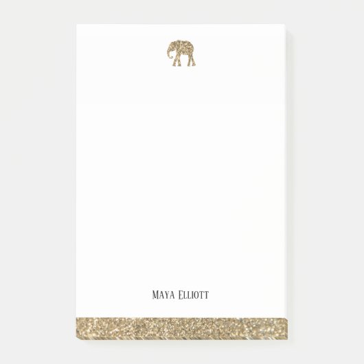 Wit w / gouden faux glitter olifant & rand, naam post-it® notes (Voorkant)
