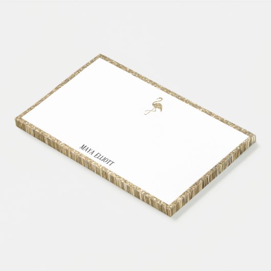 Wit w/ Gouden Glitter Flamingo & Rand + Naam Post-it® Notes (Schuin)