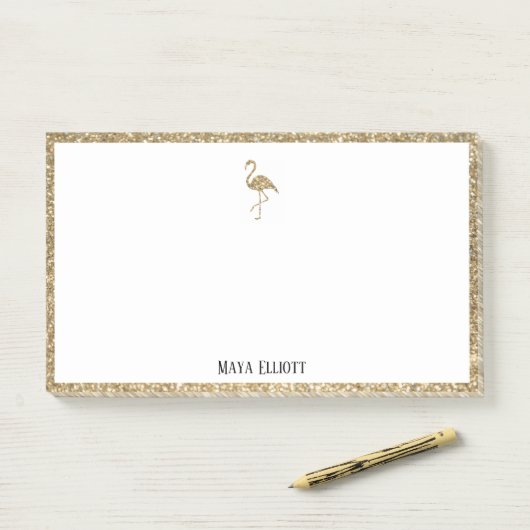 Wit w/ Gouden Glitter Flamingo & Rand + Naam Post-it® Notes (Op bureau)