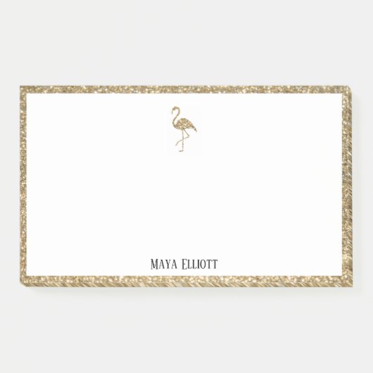 Wit w/ Gouden Glitter Flamingo & Rand + Naam Post-it® Notes (Voorkant)