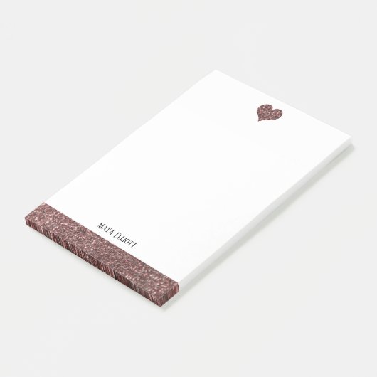 Wit w / Roos Gouden Faux Glitter Hart & Rand Post-it® Notes (Schuin)