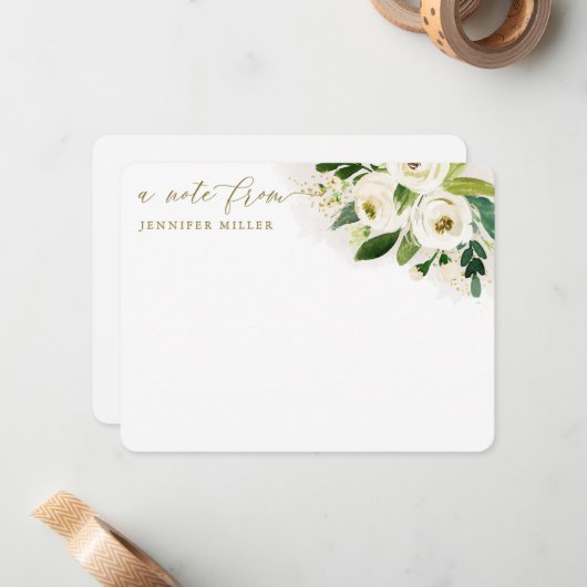 Wit Waterverf Bloemen Script Notitiekaartje (Voorkant / Achterkant in situ)