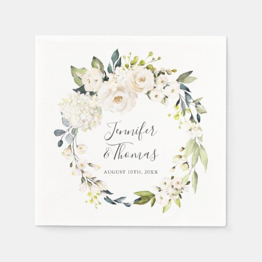 Wit waterverf bloemenkrans bruiloft servet (Voorkant)