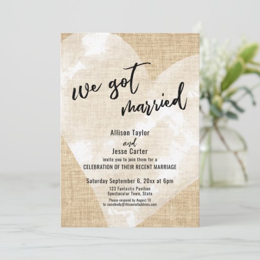 Wit Waterverf Hart We Zijn Getrouwd Jute Feestje Kaart (Staand voorkant)