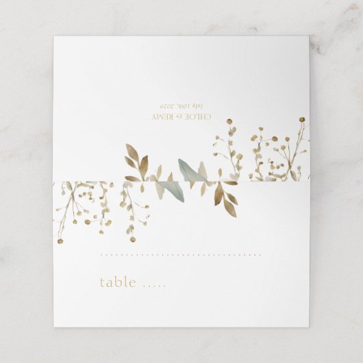 Wit | Waterverf Imitatie Goud Bladgroen Bruiloft Plaatskaartje (Buitenkant ongevouwen)