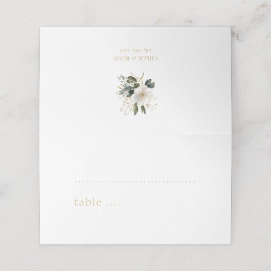 Wit | Waterverf Imitatie Goud Bladgroen Bruiloft Plaatskaartje (Buitenkant ongevouwen)