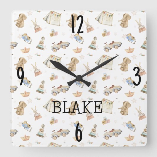 Wit Waterverf Vintage Speelgoed Nursery 10,75 inch Vierkante Klok (Voorkant)