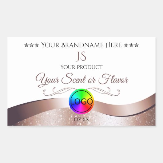 Wit Wavy Roos Goud Logo Monogram Productlabel Rechthoekige Sticker (Voorkant)