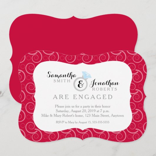 Wit wervelpatroon op rood verlovingsfeest kaart (Voorkant / Achterkant)