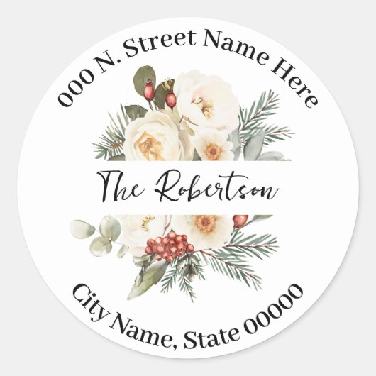 Wit Winter Bloemen Retouradres Ronde Sticker (Voorkant)