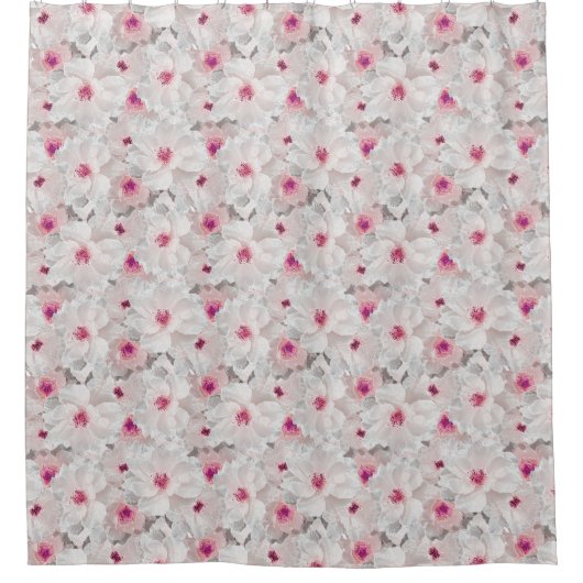 Wit-witte en roze floraal douchegordijn (Voorkant)