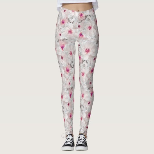 Wit-witte en roze floraal leggings (Voorkant)