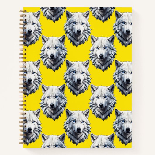 Wit Wolf Head Patroon Ontwerp Geel Notitieboek (Voorkant)