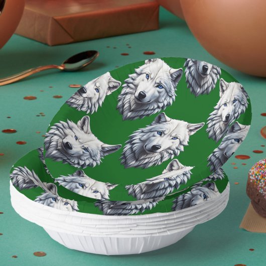 Wit Wolf Hoofd Patroon Design Groen Papieren Kommen
