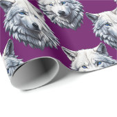 Wit Wolf Hoofd Patroon Design Paars Cadeaupapier (Rol Hoek)