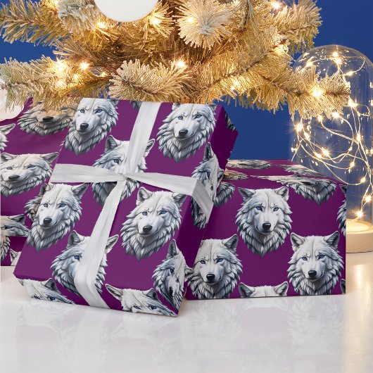 Wit Wolf Hoofd Patroon Design Paars Cadeaupapier