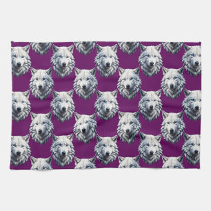 Wit Wolf Hoofd Patroon Design Paars Theedoek